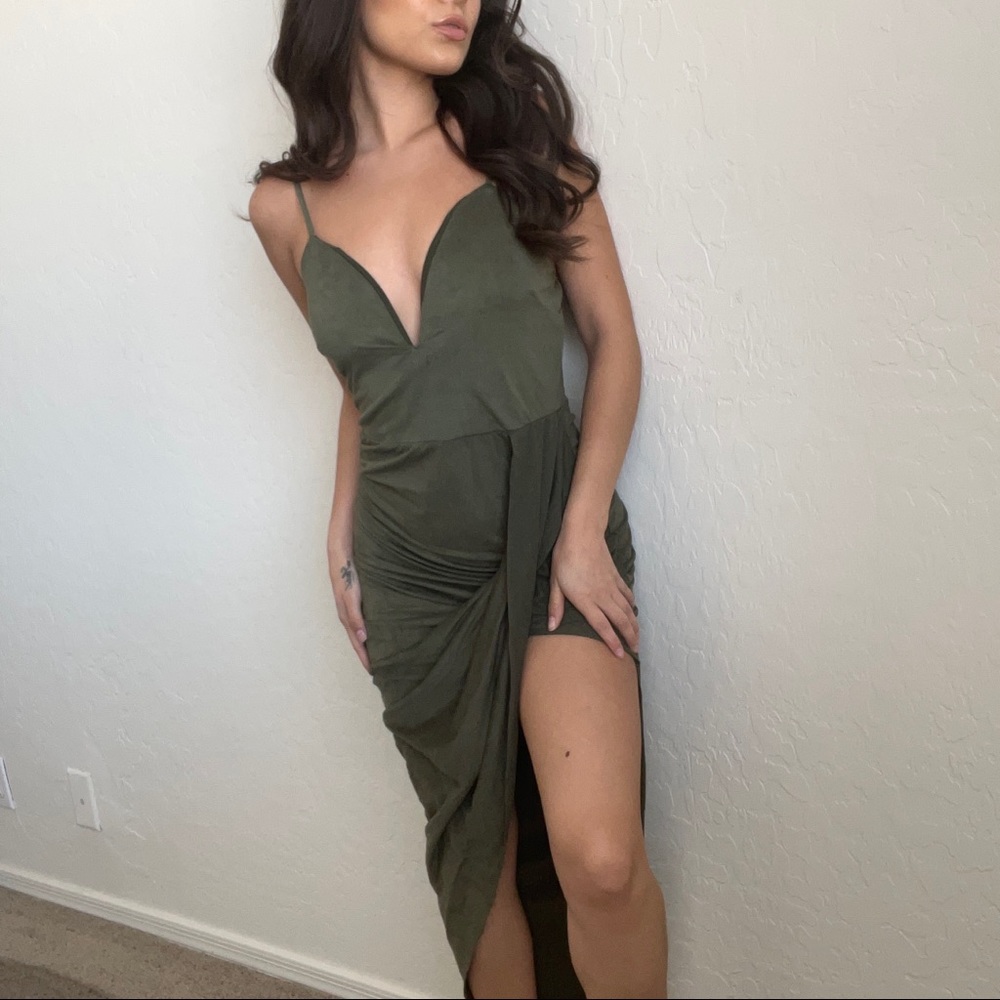 Small Olive asymmetrical faux suede dress